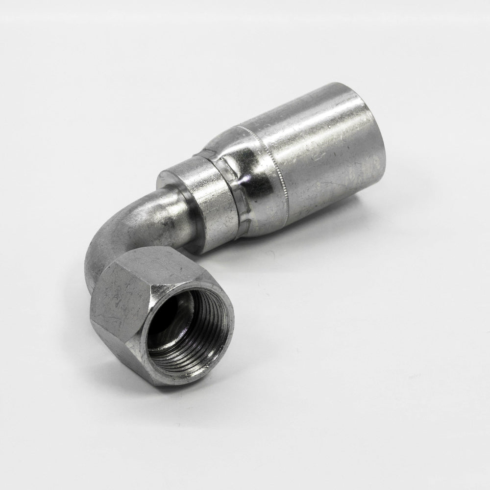 1/2" Hose X 1/2" JIC (3/4"-16 Thread) 37° Female Swivel, 90° Elbow Crimp Fitting | Titan Fittings